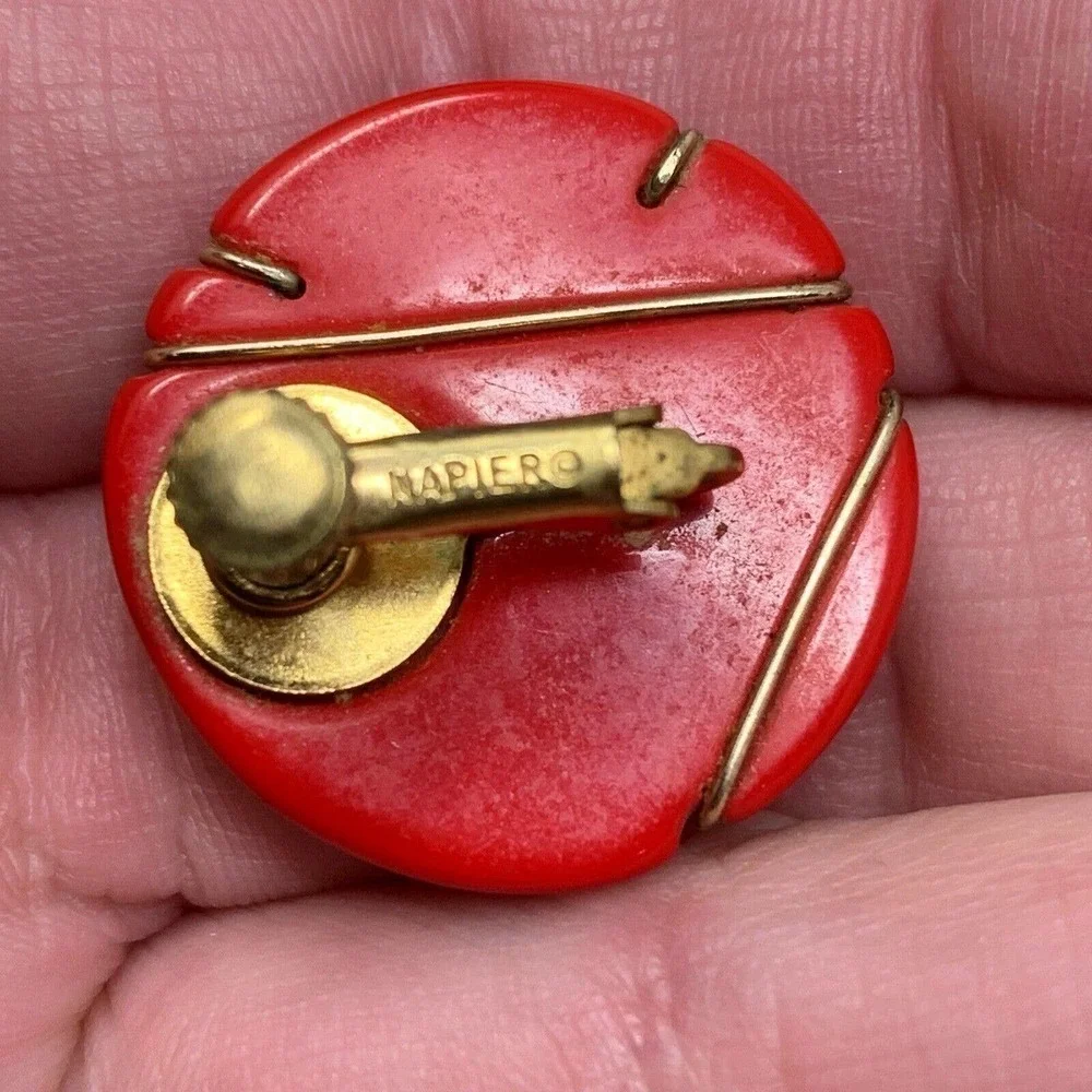 Vintage 1980's Napier Red & Gold Dimensional Button Earrings Clip On Carded